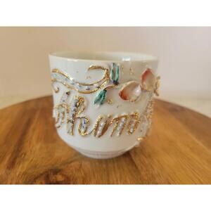 Vtg White Floral Shaving Cup Raised Gold Germany Victorian Decor "Think of Me"